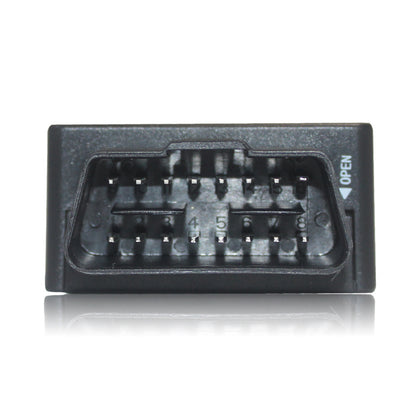 Black OBD-II diagnostic connector on a white background