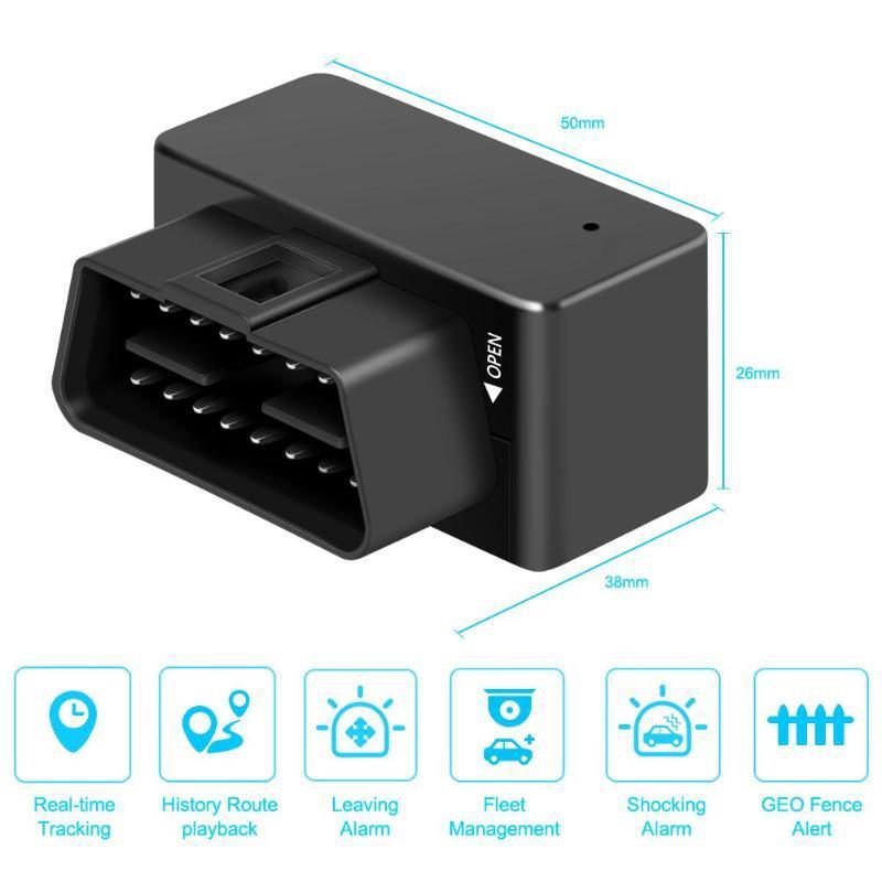 Black car diagnostic tool with dimensions and feature icons on a white background