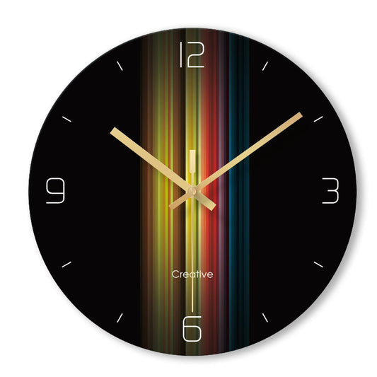 Round wall clock with colorful striped design on a black background
