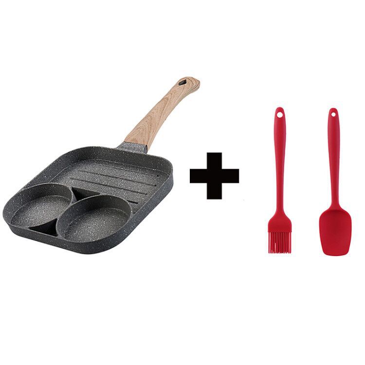 Gray non-stick frying pan with wooden handle and two red silicone utensils on a white background.