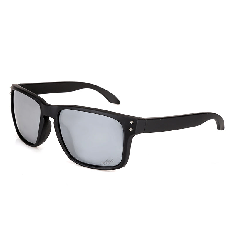 Men's polarized sports sunglasses with light gray lenses and black frame, front view