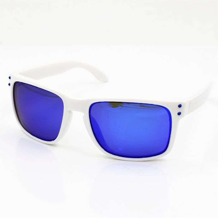 Men's sports sunglasses with white frame and blue mirrored lenses