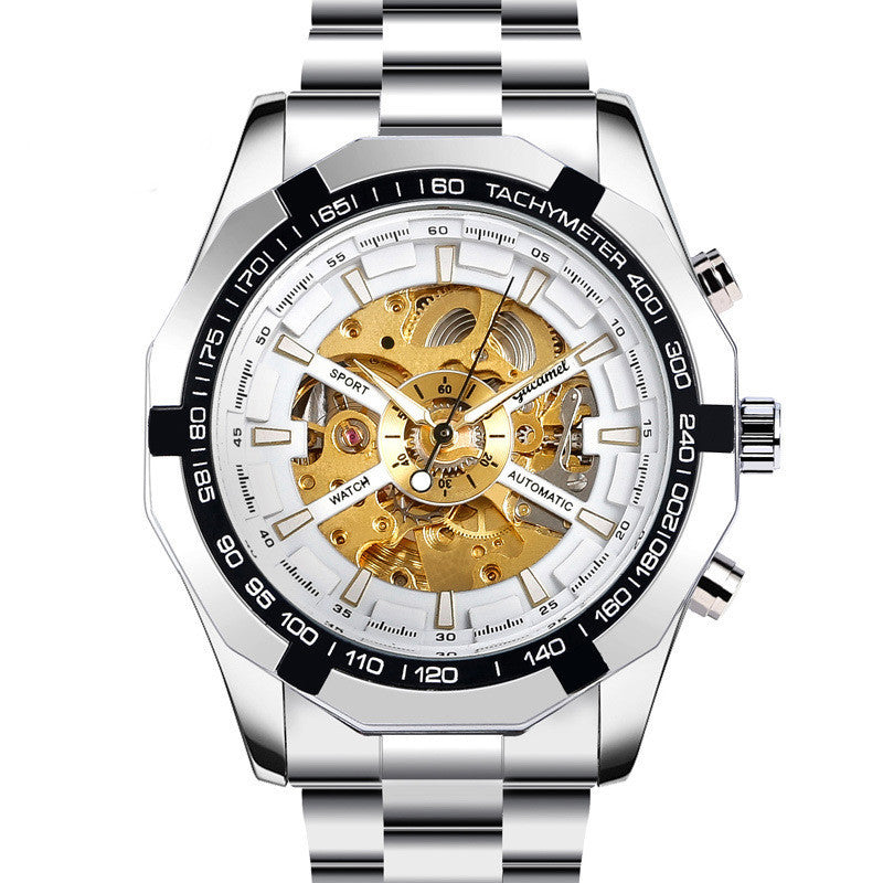Silver and gold watch with visible mechanical components on a white background
