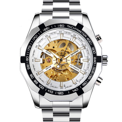Silver and gold watch with visible mechanical components on a white background