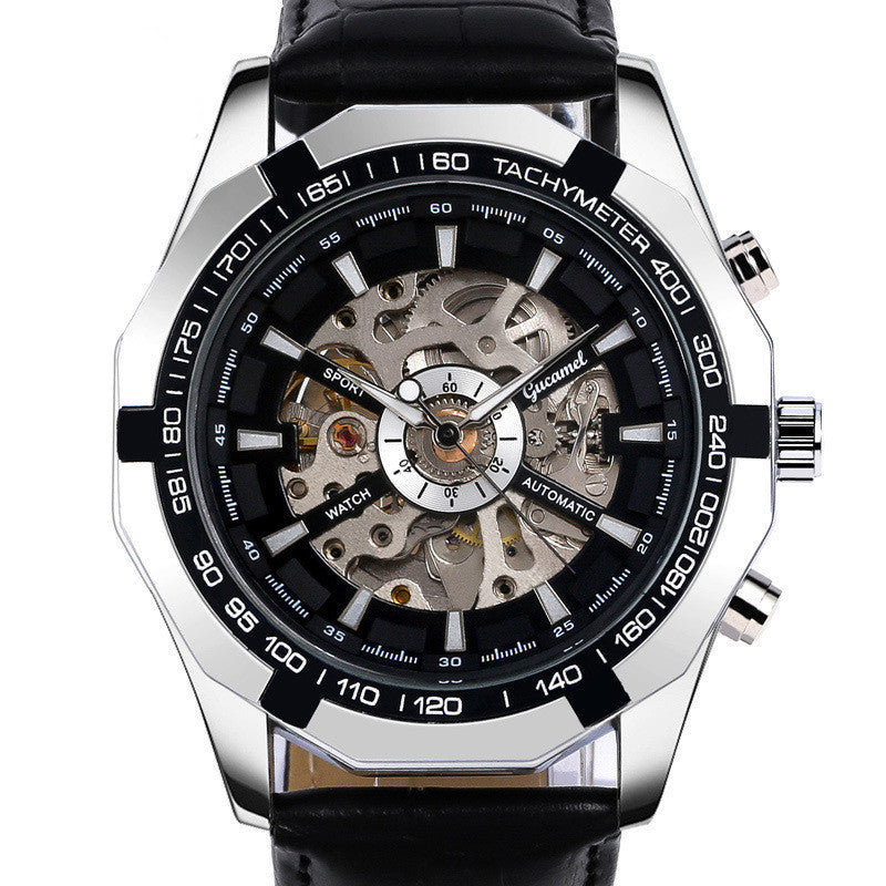 Luxury watch with black face and leather strap on a white background