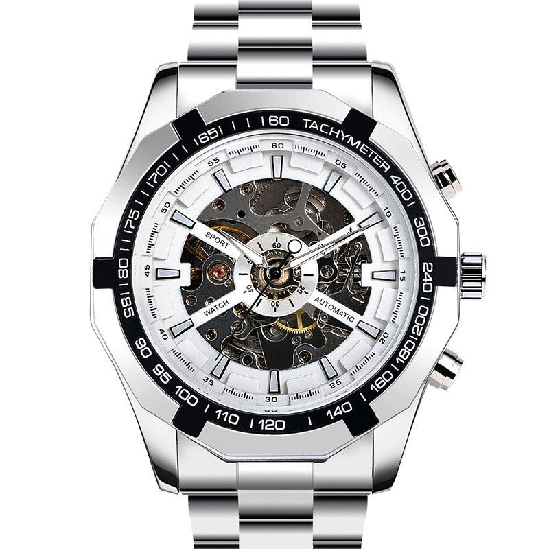 Silver and white mechanical watch with detailed face on a white background