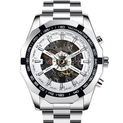 Silver and white mechanical watch with detailed face on a white background