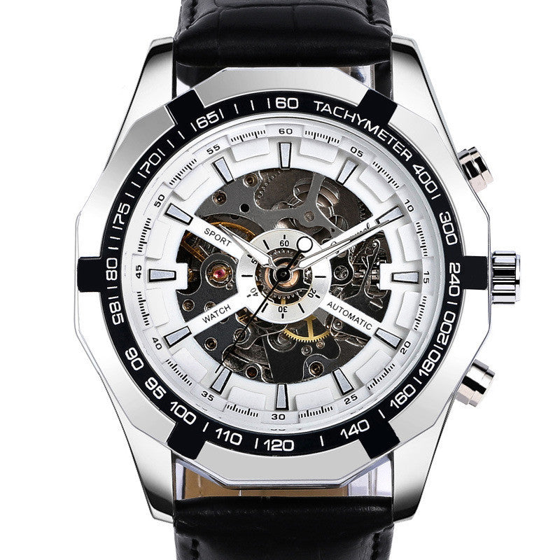 Mechanical watch with black and silver design on a white background
