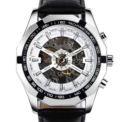 Mechanical watch with black and silver design on a white background