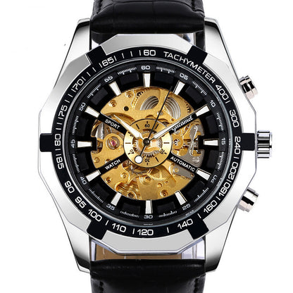 Luxury watch with black strap and transparent face on a white background