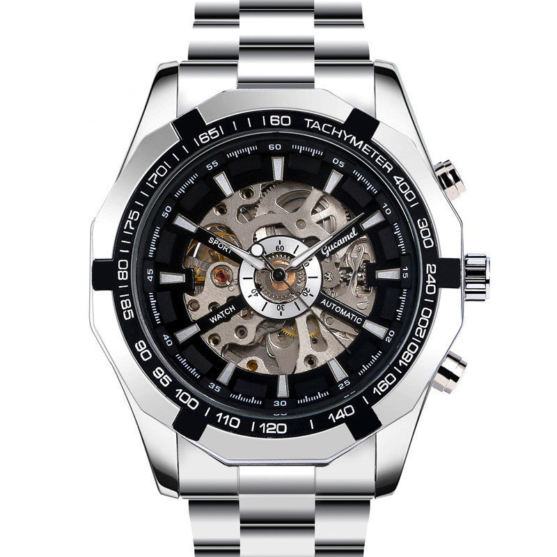 Silver and black watch with detailed mechanism on a white background