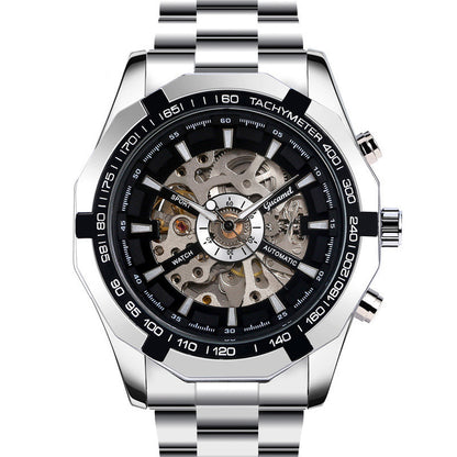 Silver and black watch with detailed mechanism on a white background