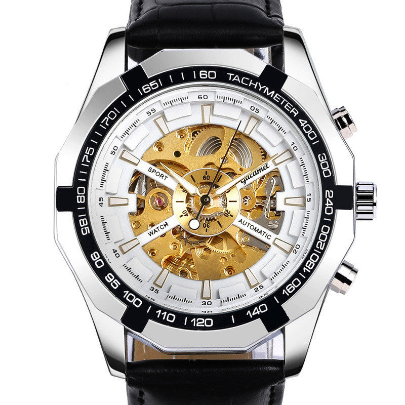 Wristwatch with black strap, silver case, and gold mechanical components on a white background