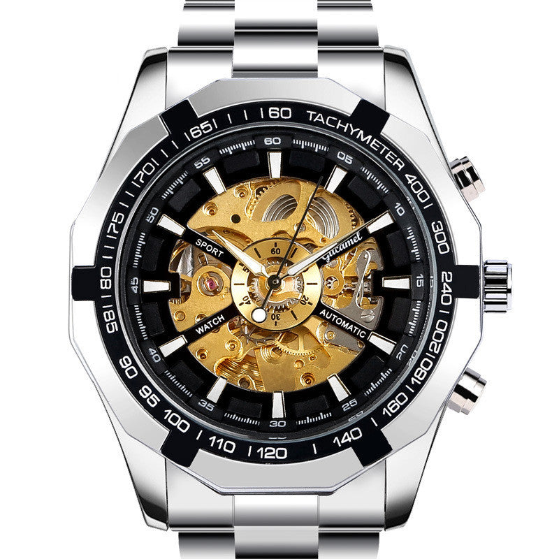 Silver and black watch with visible mechanical components on a white background