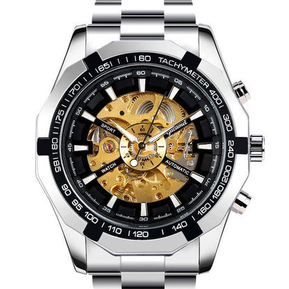 Silver and black watch with visible mechanical components on a white background