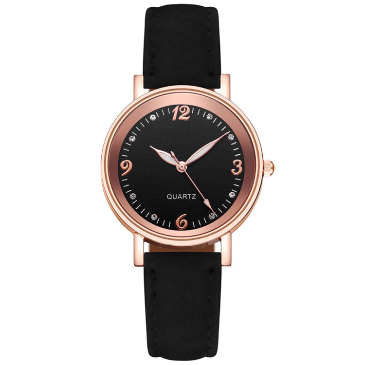 Women’s casual quartz watch, black leather-look strap, rose-gold case, black dial