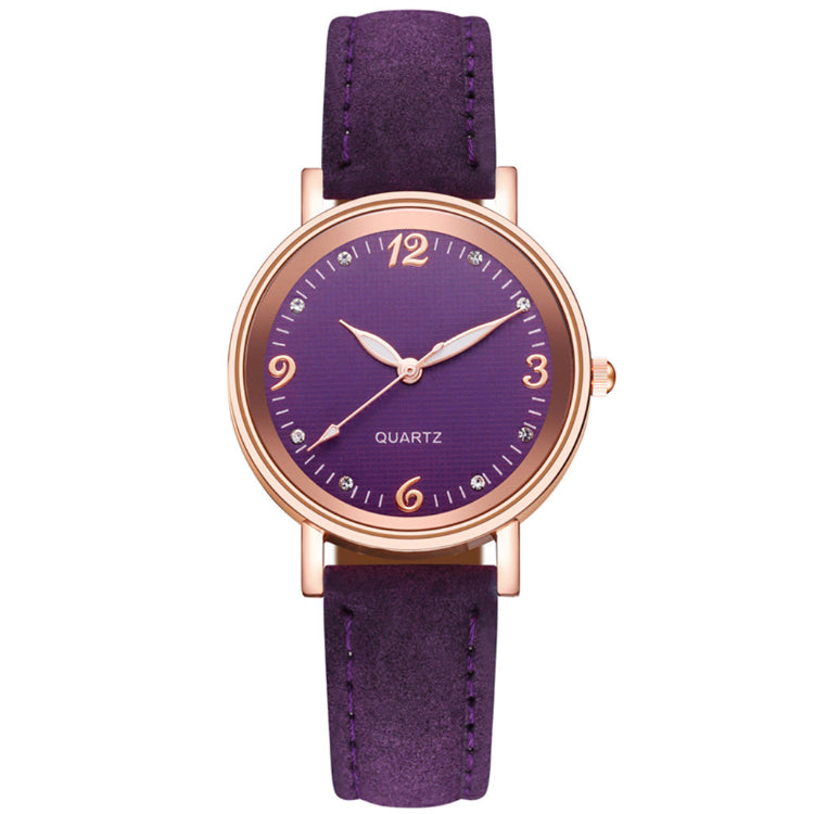 Women’s casual quartz watch, purple leather-look strap, rose-gold case, purple dial