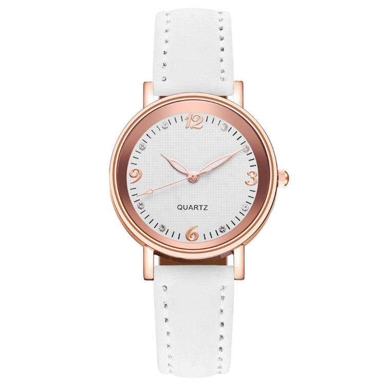 Women’s casual quartz watch, white strap, rose-gold case, light dial with rose hands