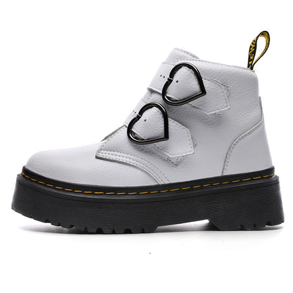 Women's thick-soled boots, white upper with heart-shaped buckle straps