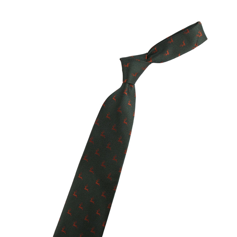 Green tie with red patterns and a gold violin-shaped object on a white background