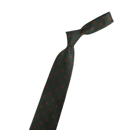 Green tie with red patterns and a gold violin-shaped object on a white background