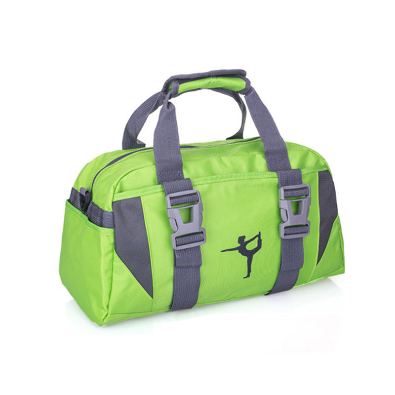 Yoga gym bag in neon green with gray straps and front yoga symbol