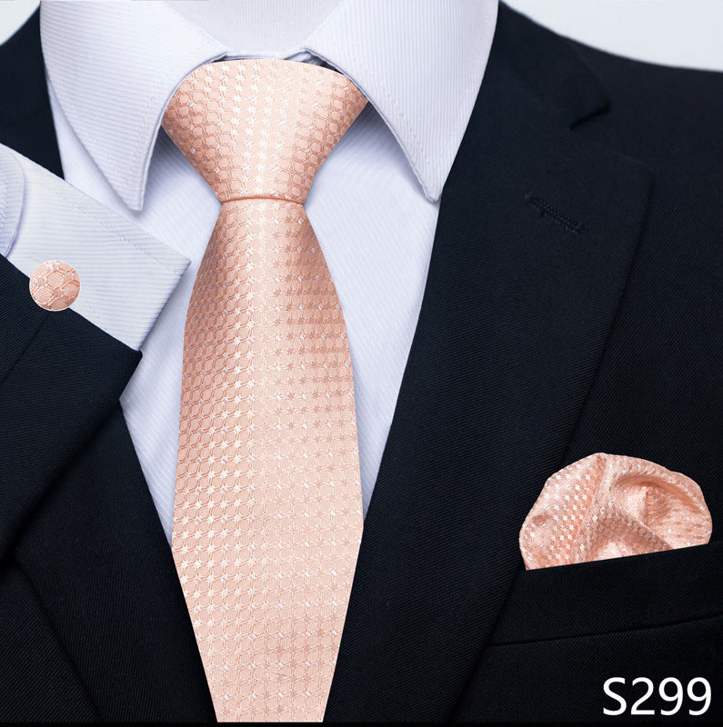Men's formal tie and pocket square set, peach satin with textured pattern