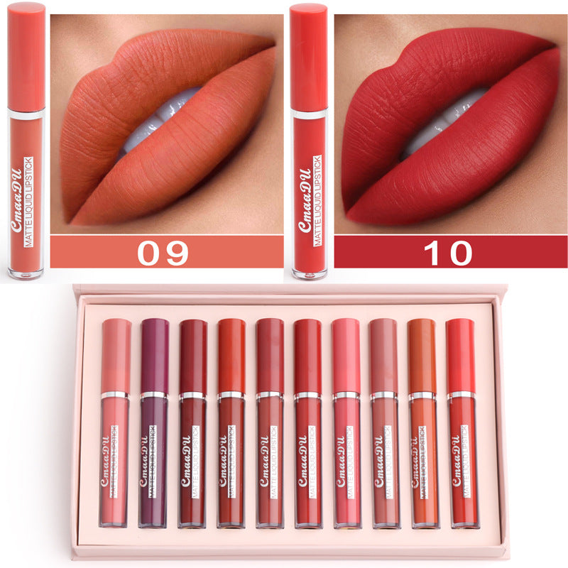 Two matte liquid lipstick swatches: coral-orange shade 09 and red shade 10, with tubes