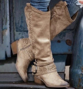 Women's knee-high suede boots, tan with perforated panels and buckle strap