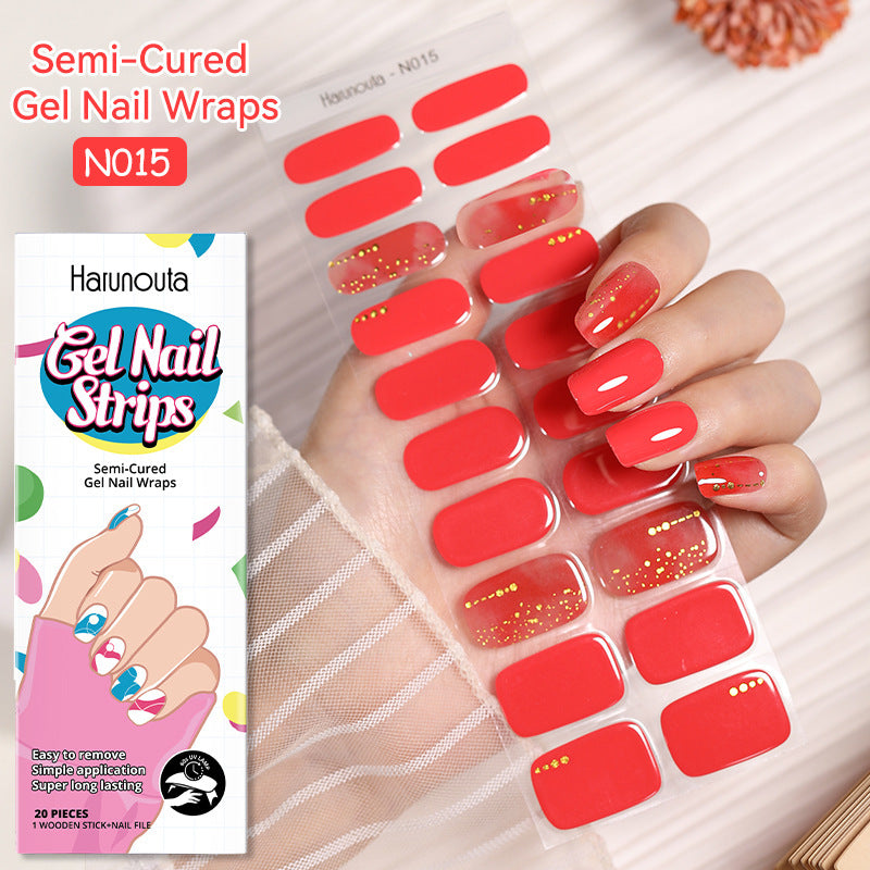 Red gel nail wraps with Harunoula packaging on a white background