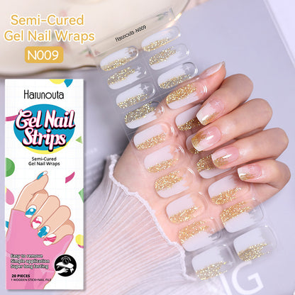 Harunouta Gel Nail Strips with semi-cured gel nail wraps and a hand wearing the nail wraps.