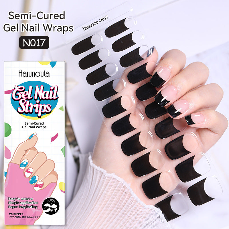 Harunoula Gel Nail Strips packaging with a hand wearing black nail wraps on a white background