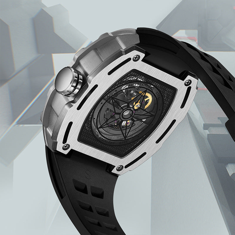 Luxury watch with black strap and silver case on a geometric background