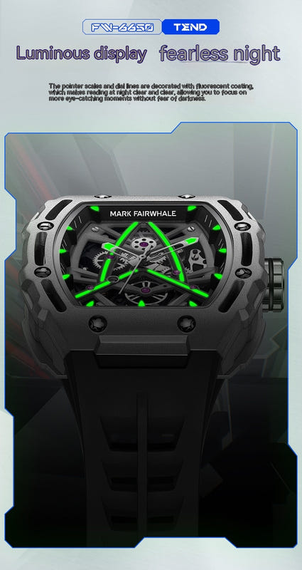Men's barrel-shaped skeleton automatic watch with black case and green luminous dial