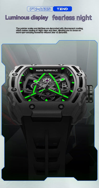 Men's barrel-shaped skeleton automatic watch with black case and green luminous dial