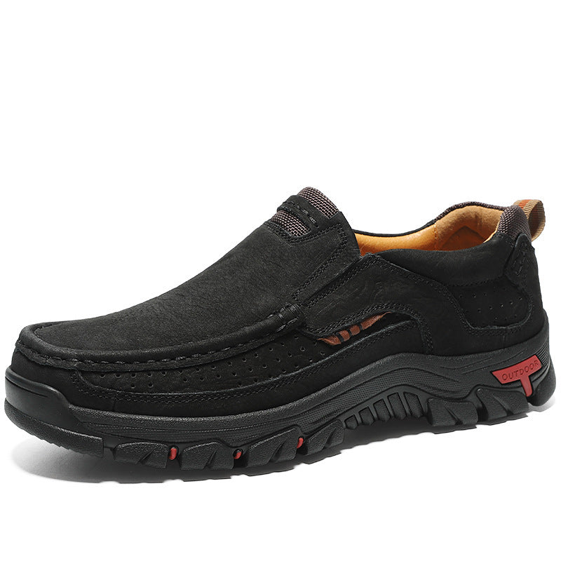 Men's cowhide leather shoes, black suede upper with elastic collar and thick tread