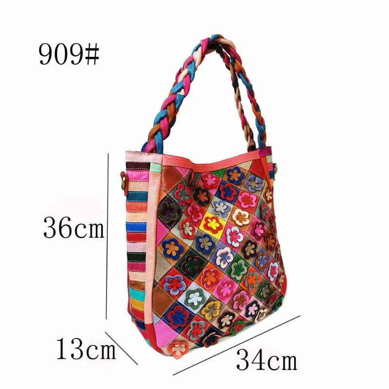 Colorful diamond plaid tote bag with braided handles, stitched trim, and front pocket