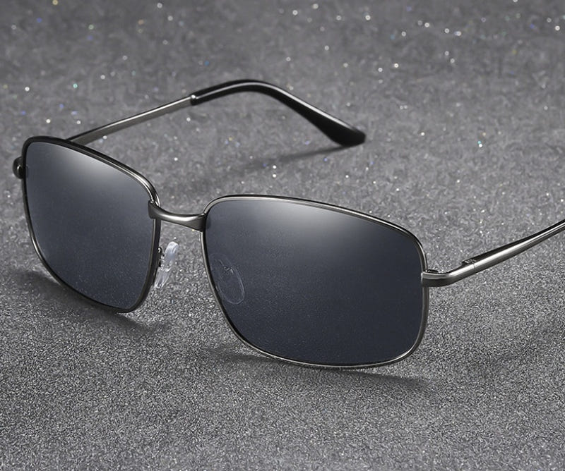 Men's polarized sport sunglasses with black metal frame and dark square lenses