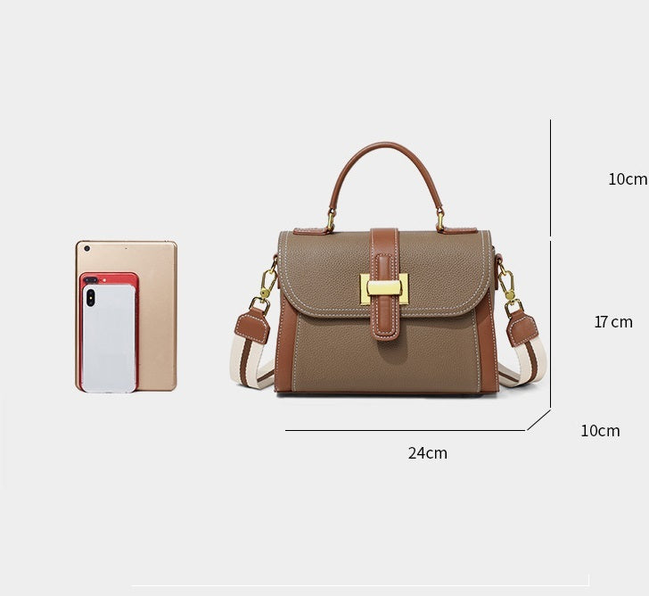 Women’s leather handbag product shot with front flap buckle and brown contrast trim; with size graphic