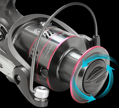 Metal fishing reel close-up of spool with pink ring and silver line guide