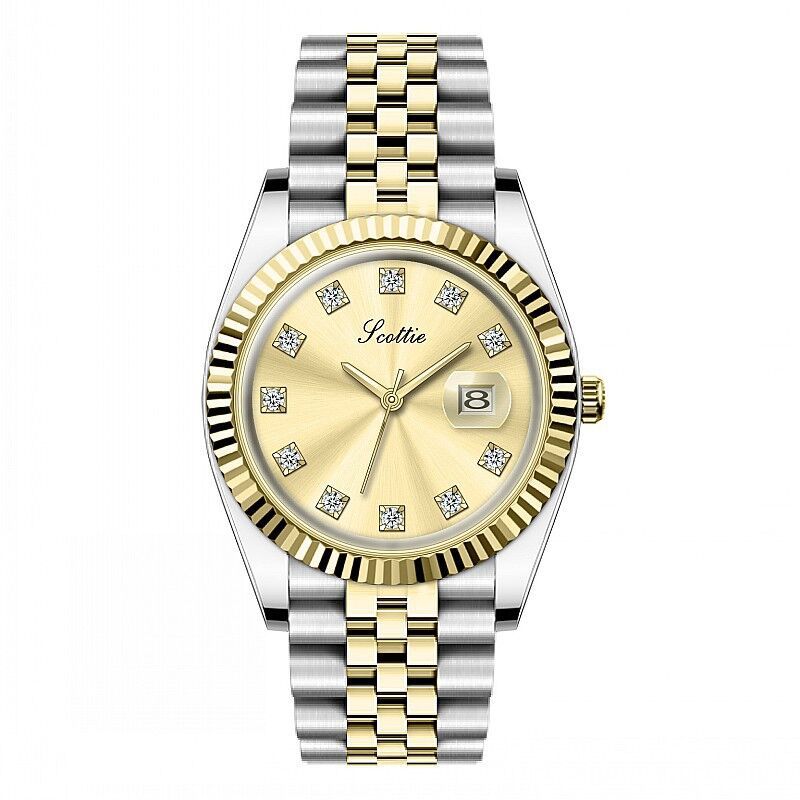 Women’s steel quartz watch with gold dial, crystal markers, and two-tone link bracelet