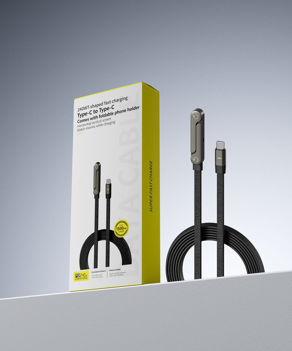 Fast charging Type-C data cable with foldable phone stand and retail box on display