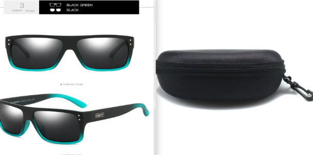 Sports sunglasses with black frame and mirrored dark lenses, turquoise accents on temples