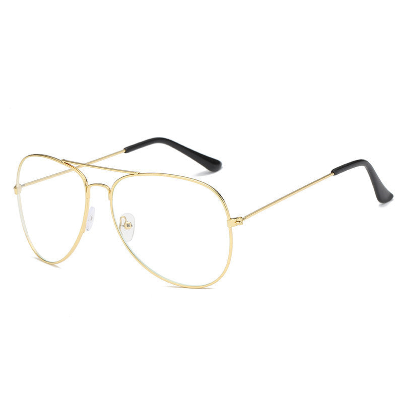 Gold aviator sunglasses with clear lenses, front view