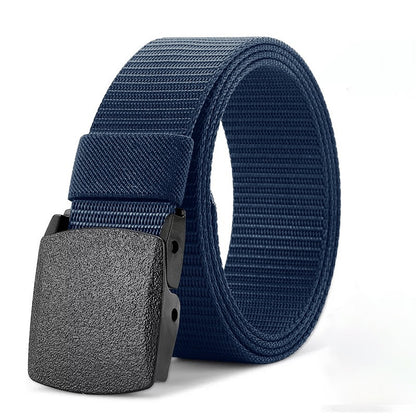 Navy blue belt with a gray buckle on a white background