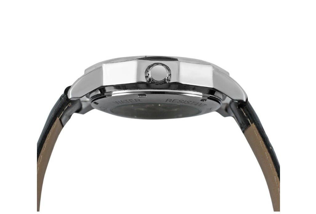 Men's automatic mechanical watch caseback with black leather strap and metal buckle