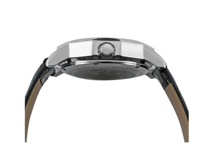 Men's automatic mechanical watch caseback with black leather strap and metal buckle
