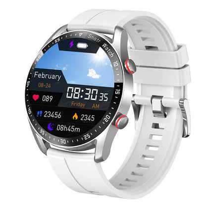 White smartwatch with a colorful display on a white background