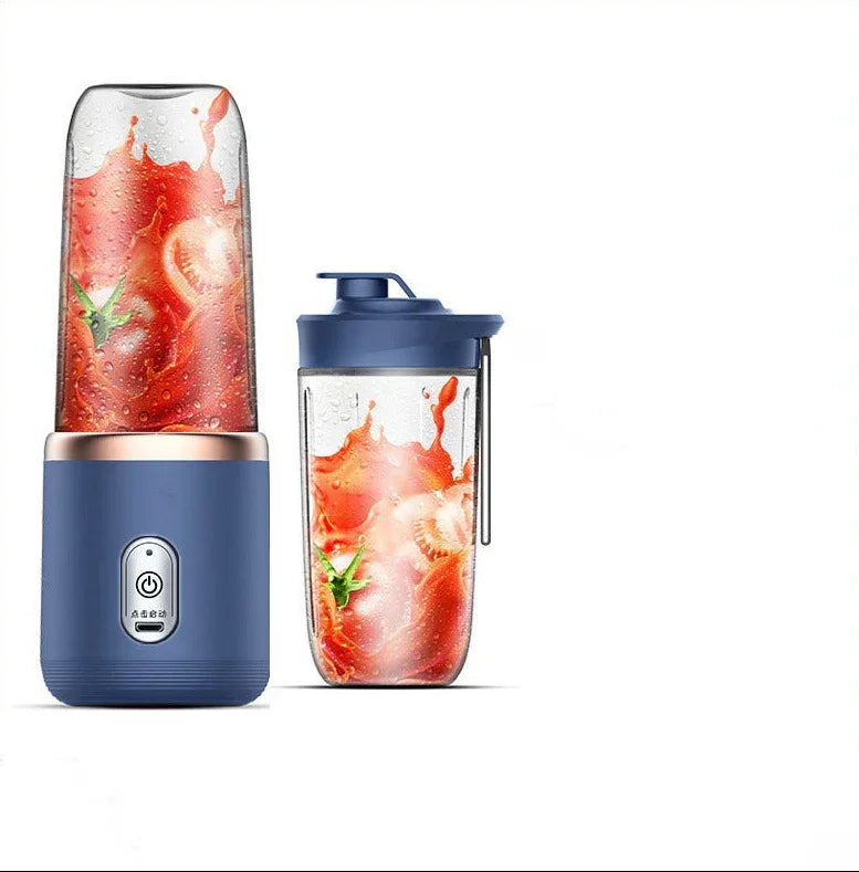 Portable blender with dark blue base and clear blending cup