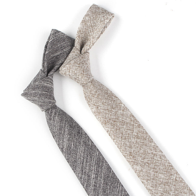 Narrow cotton tie pair: gray and light tan textured weave